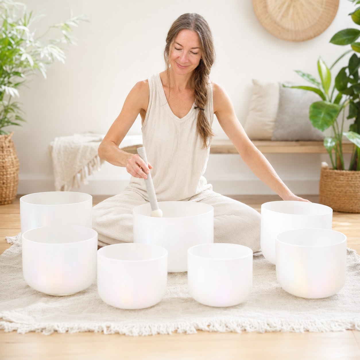 Woman playing white crystal singing bowls in a bright, plant-filled wellness studio