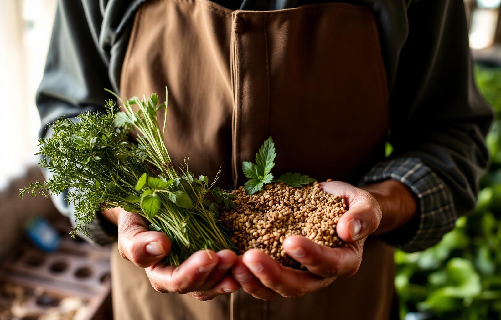 Producer holding harvested herbs